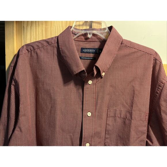 Consensus Men’s XL Red Check Long Sleeve Button Down Polyester Blend Shirt - Picture 5 of 14